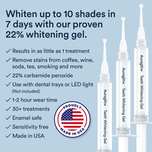 Auraglow 22% Teeth Whitening Gel Syringe Refill Pack, 22% Carbamide Peroxide, 30 Whitening Treatments, (3) 5mL Whitening Gel Syringes, Sensitive Teeth Whitening