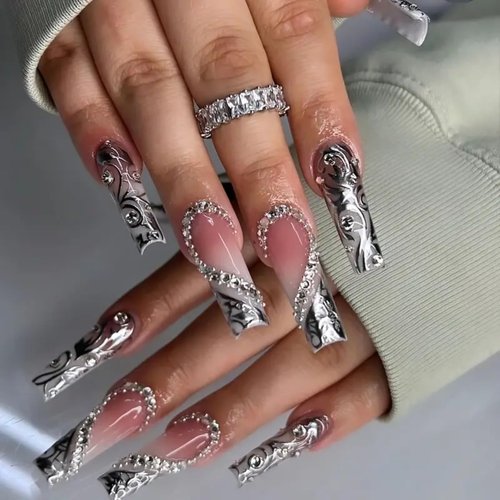 Press on Nails Long Square Fake Nails Black French False Tip with Rhinestones Charms Design Glue on Nails 3D Heart Stick on Nails Elegant Glitter Glossy Acrylic Nails for Women Manicure 24Pcs