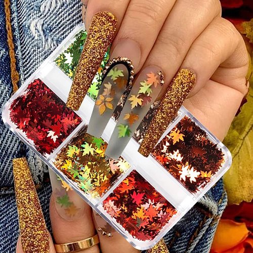 Fall Glitter Nail Sequins Maple Leaf Glitters Flakes 3D Holographic Laser Maple Leaves Shaped Nail Glitters Autumn Nail Art Stickers Decals Fall Nail Designs Sequin Confetti Glitter Leaves (6 Grids)