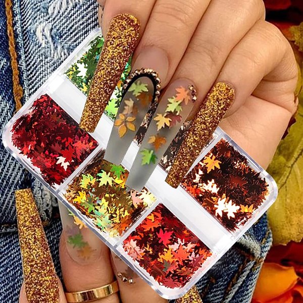 Fall Glitter Nail Sequins Maple Leaf Glitters Flakes 3D Holographic Laser Maple Leaves Shaped Nail Glitters Autumn Nail Art Stickers Decals Fall Nail Designs Sequin Confetti Glitter Leaves (6 Grids)