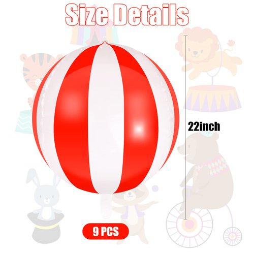 9 Pack Circus Balloons - LIYDE Carnival Decorations Circus Theme Party Decorations Circus Decorations 22 Inch 360 Degree 4D Carnival Balloons (White and Red)