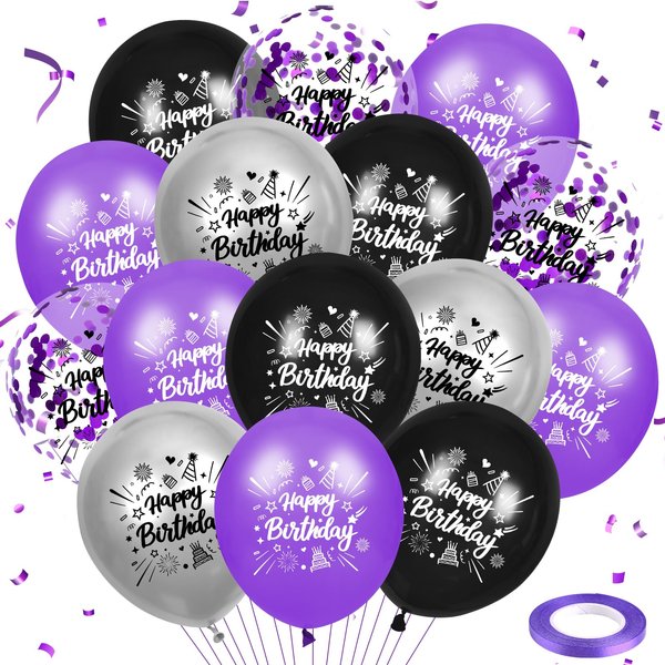 RUMIA Purple Birthday Balloons 24Pcs Purple Black Silver Happy Birthday Latex Balloons Confetti Balloons with Ribbons Set for Girls Women Men Birthday Anniversary Party Decorations Supplies 12 inches