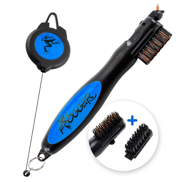 Frogger BrushPro Golf Club Cleaner with Ergonomic Grip and 2.5 ft. Retractable Cord, Blue - Sturdy Golf Club Brush and Groove Cleaner for Golfers