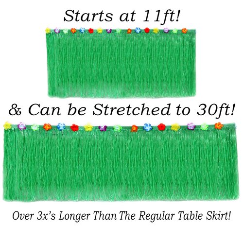 Hawaiian Table Skirt 11ft Long Stretches to 30ft! | (29" Tall) Green Hibiscus Luau Party Decoration | Tropical Theme Decor (1 Table Skirt)