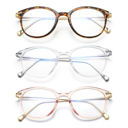 COASION Blue Light Blocking Glasses for Women Vintage Round Anti Blue Ray Computer Game Eyeglasses 3 Pack (Tortoise/Gold + Transparent/Silver + Clear Pink/Gold)