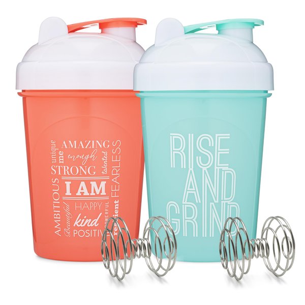 [2 Pack] 20-Ounce Shaker Bottle with Motivational Quotes (Coral & Mint) | Protein Shaker Bottle with Mixer Agitators | Blender Shaker Bottle for Protein Mixes Pack is BPA Free and Dishwasher Safe