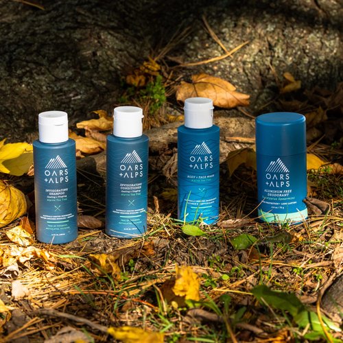Oars + Alps Hair and Body Travel Size Kit for Men, Includes Sulfate Free Shampoo, Conditioner, Body Wash, Deodorant, and Reusable Pouch, TSA Approved, Alpine Tea Tree Scent