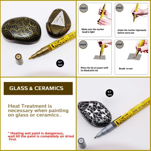 PINTAR | 6 PACK | Gold & Silver Acrylic Paint Markets Extra Fine Tip | Leather, Shoes, Rock Painting, Ceramic Glass, Wood, Paper, Fabric | Acrylic Paint Pens | 3 Gold & 3 Silver, 0.7mm