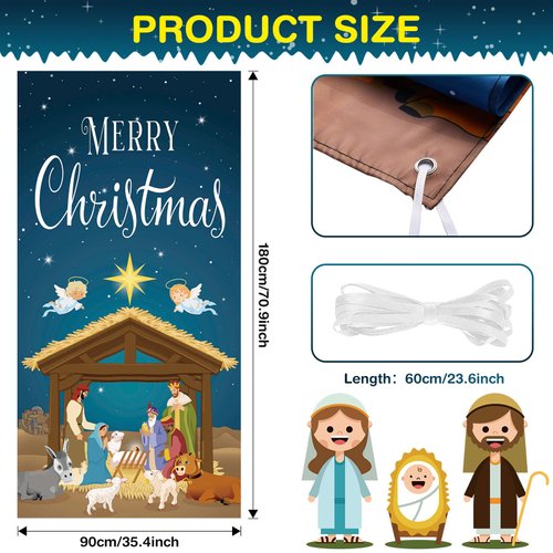 Christmas Nativity Scene Door Cover Merry Christmas Door Banner Backdrop Nativity Banner for Front Door Porch Holidays Decorations, 35 x 71 Inch