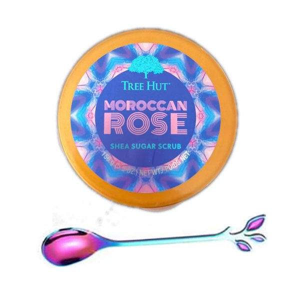 Tree Hut Moroccan Rose Shea Sugar Scrub Set! Includes Body Scrub 5.5 oz and Spoon! Formulated With Real Sugar, Shea Butter And Morrocan Argan Oil! Hydrating And Exfoliating Scrub! (Moroccan Rose)