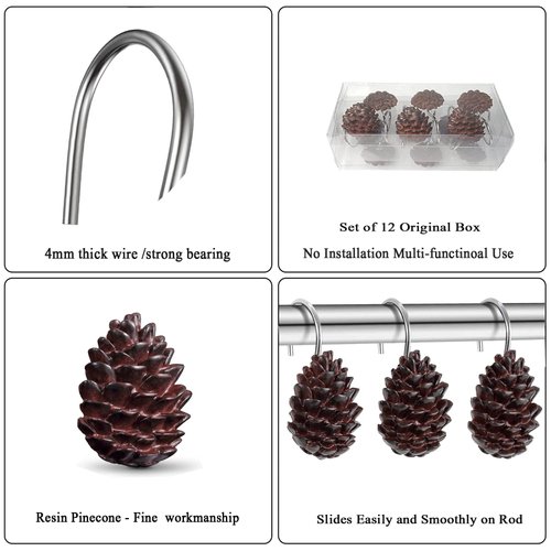 Gracelife Set of 12 Pinecone Shower Curtain Hooks Bathroom Rolling Hangers Curtain Sliding Hooks Resin Pothook