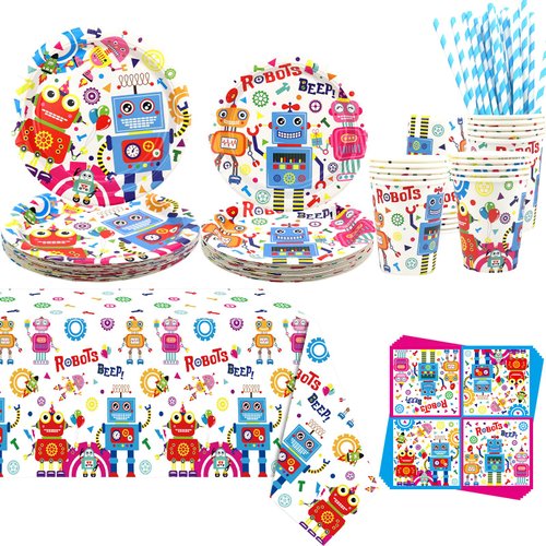 Robot Birthday Party Decoration - Robot Party Supplies Include Plates, Tablecloth, Napkins, Tableware, Robot Party Party Supplies for Boys Girls Kids Baby Shower, Serves 20