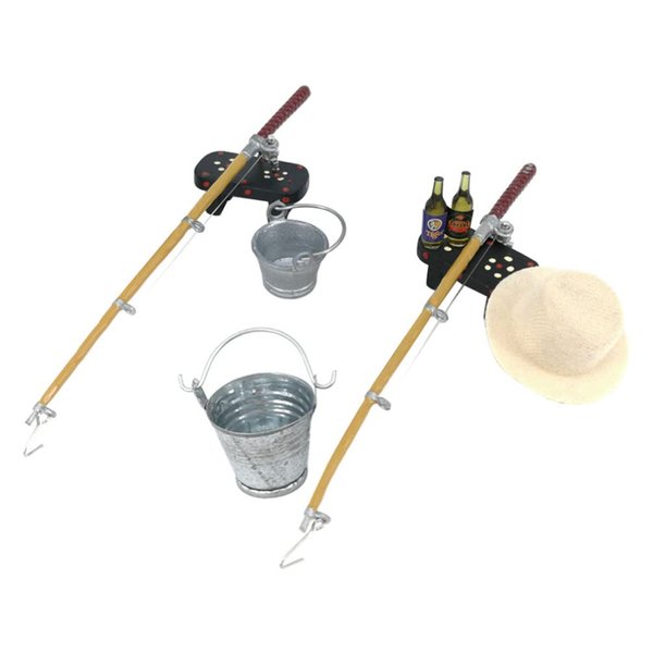 Kisangel 1Set Miniature Fishing Pole Dollhouse Fishing Rod Set Miniature Fishing Gear for Mini Bench Hat Beer Bottles Buckets House Decor