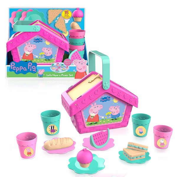 Just Play Peppa Pig Let's Have a Picnic Set, Travel Toy with Handle Includes 4 Settings and Play Food, 15-Pieces, Kids Toys for Ages 3 Up