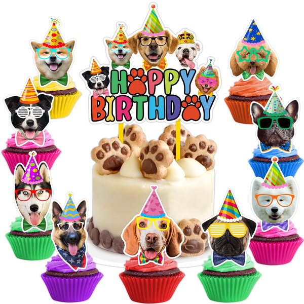 25 PCS Puppy Dog First ThemeThemed Happy Birthday Cake Topper Cupcake Toppers Party Supplies Decorations Favors Decor Bone Paw Cute Gifts for Boys Girls Kids Game Baby Shower School Rewards Wedding