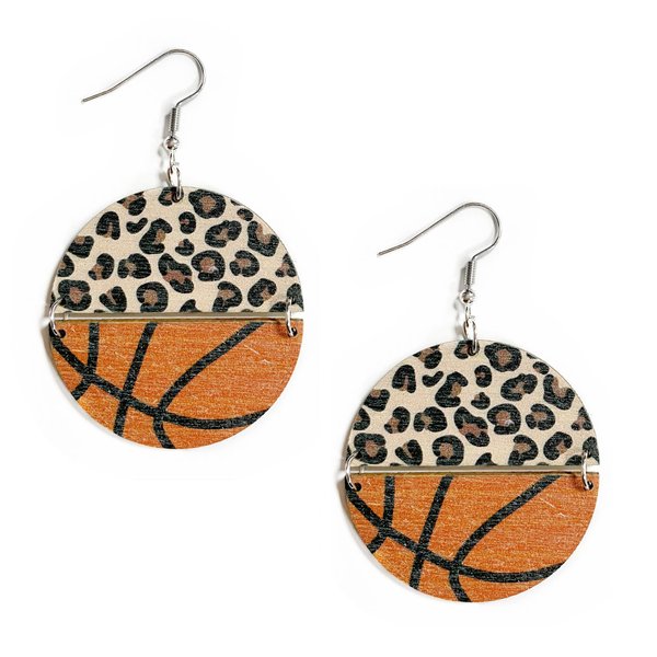 Sports Game Ball Football Basketball Wooden Leopard Print Drop Earrings for Women Holiday Round Baseball Soccer Volleyball Dangle Earrings Fans Players Jewelry-Basketball