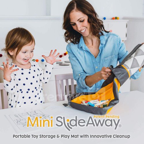 Creative QT SlideAway, Gray Triangle Print, On-The-Go Mini Storage Bag and Table Top Play Mat For Kids and Toddlers, Room and Travel Toy Organizer