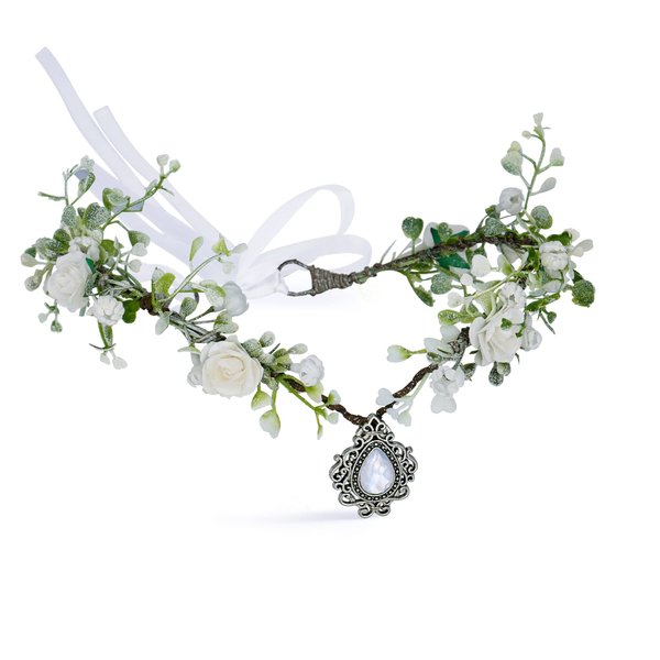 MOSTORY Woodland Fairy Flower Crown Girl - Floral Elf Headpiece with Crystal V-shape Elven Tiara Handmade for Women Bridal Variable Size Wreath Headband for Cosplay Halloween Christmas Party Wedding