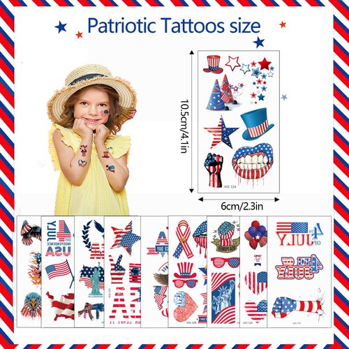 HFLKKC 10 Sheets 4th of July Temporary Tattoos Stickers Patriotic Independence Day Stickers Patriotic Tattoos Stickers for USA Memorial Day Veterans Day