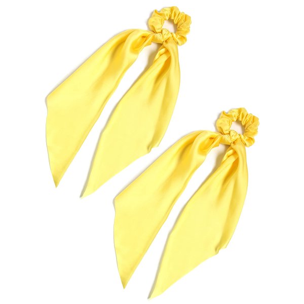 Pack of 2 Knotted Bow Hair Scrunchies Elastic Hair Scarf Black Hair Ties Bands Satin Hair Ribbon Scrunchy Red Ponytail Holder for Women and Girls (Yellow)