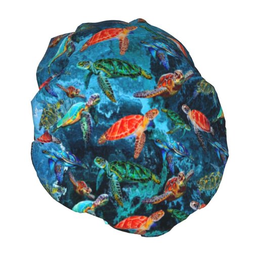 Sea Turtle Shower Cap For Women Adjustable Double Waterproof Layers Bathing Bath Cap Hair Protection Reusable Ladies Spa Salon Shower Hat