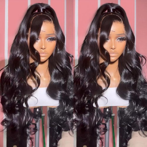 ANDRIA Long Loose Wave Lace Front Wigs Natural Black Body Wave Glueless Lace Wig Synthetuc Heat Resistant Fiber Hair Wig with Pre Plucked Natural Hairline For Black Women 24 Inch Wig