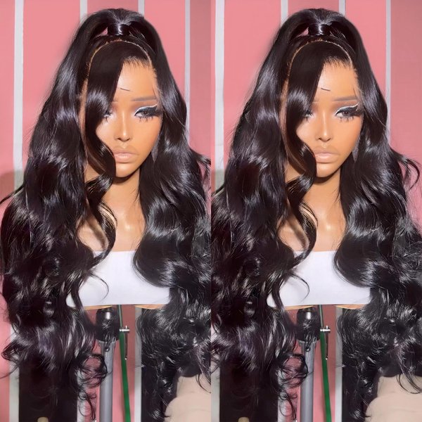 ANDRIA Long Loose Wave Lace Front Wigs Natural Black Body Wave Glueless Lace Wig Synthetuc Heat Resistant Fiber Hair Wig with Pre Plucked Natural Hairline For Black Women 24 Inch Wig