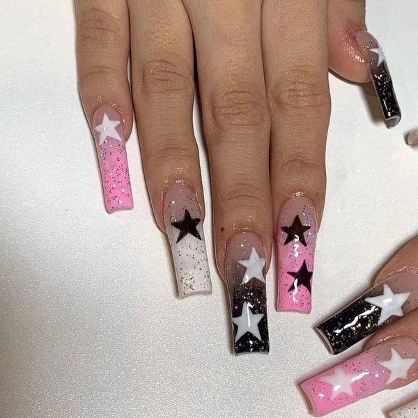 BABALAL Square Press on Nails Long Fake Nails Black Pink Glue on Nails Y2K Star Glitter Acrylic Nails 24pcs Shiny Squoval Stick on Nails for Women and Girls