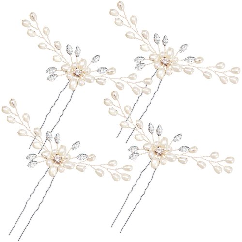 4 Pieces Pearl Hair Pins Bridal Hair Pins Wedding Pearl Rhinestones Headpiece Bride Hair Accessories for Women, Bride, Bridesmaid