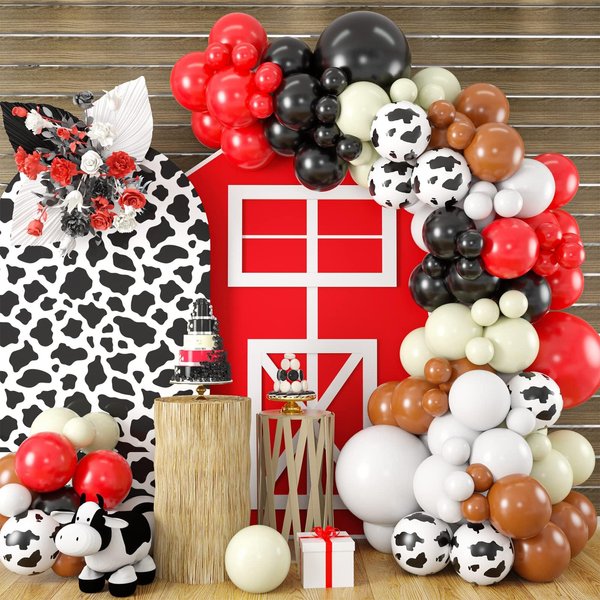 Cow Balloons Garland Arch Kit, Red White Black Cow Print Farm Animal Theme Party Balloon Garland Arch Kit Red Balloons for Kid's Birthday Party Baby Shower Party Supplies