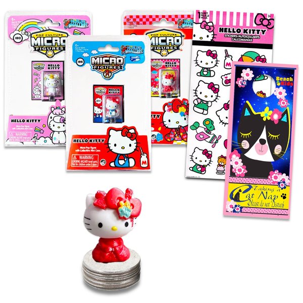 Hello Kitty Mini Figures Party Favors - 3 Pack World's Smallest Hello Kitty Micro Figurines Toys for Girls with Hello Kitty Stickers Bundle | Hello Kitty Party Supplies for Kids Adults