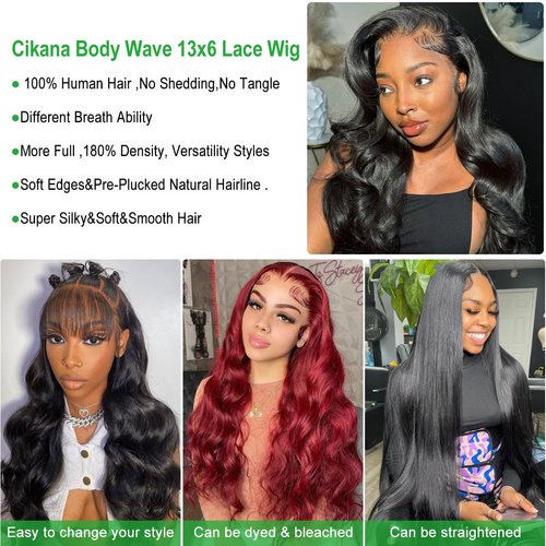 Cikana 13x6 Lace Front Wigs Human Hair 26 Inch Body Wave 180% Density Pre Plucked 13x6 HD Lace Frontal Wigs Human Hair Body Wave Glueless Lace Front Wigs for Black Women with Baby Hair Natural Black