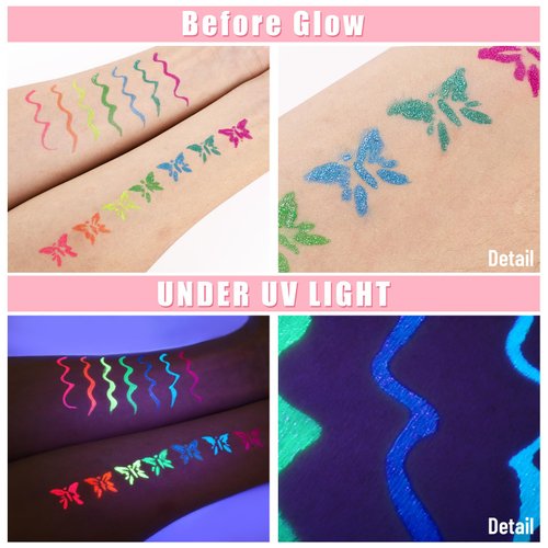 BOBISUKA 7 Colors Glow in the Dark Makeup, Neon UV Glitter Eye Liner, Blacklight Shimmer Liquid Eyeliner Set for Festival, Waterproof Face Painting for Women, Rave Accessories for Party
