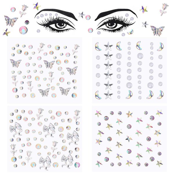 4 Sheets Star Face Eye Stickers Self Adhesive Crystal Face Stickers Sparkly Face Gems Jewelry Rhinestone Tattoos for Women Girls Halloween Rave Party Accessory