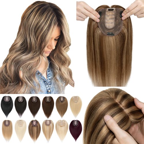 SEGO Hair Toppers for Women No Bangs 130% Density 10 * 12CM Silk Base 100% Remy/Real Human Hair Clip in Top Wiglet Hair Pieces for Thinning Hair-6 Inch Medium Brown&Dark Blonde