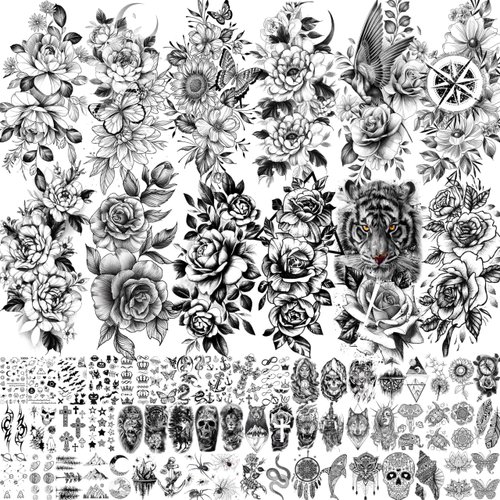 JOEHAPY 67 Sheets Black Realistic Rose Flower Temporary Tattoos For Women Girls Arm Thigh, Peony Moon Tiger Floral Temp Sleeve Tattoo Sticker Adult, Waterproof Fake Tatoos That Look Real And Last Long