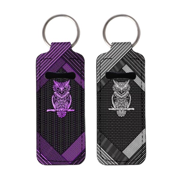 Gearider Metal Owl Print Cute Lip Balm Holder Keychain, 2 Pieces Compact Lipstick Sleeve for Backpack - Purple & Silver