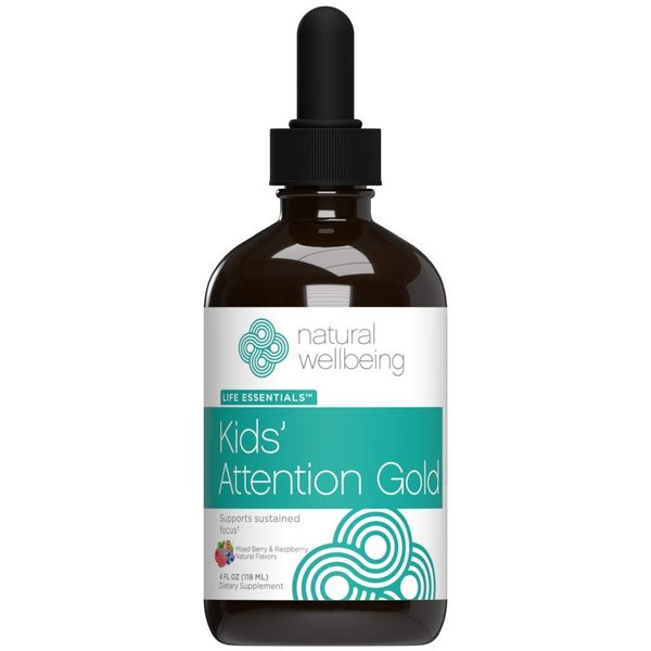 Natural Wellbeing Kids' Attention Gold - Natural Support for Focus and Concentration with Rhodiola - Mixed Berry & Raspberry Flavor - 4 oz (118 ml)
