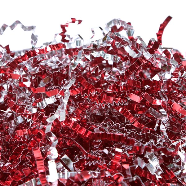 PAPER FAIR 1 LB Metallic Red and Silver Duo Crinkle Cut Paper, Easter Grass Raffia Tissue Paper Filler Shred Strand Craft Bedding Cushion, Christmas, Birthday, Valentines Day for Gift Basket Boxes