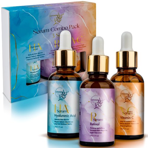 Anti-Aging Facial Serum Set. Vitamin C Serum, Retinol Serum & Hyaluronic Acid Serum for Brightening, Firming & Hydrating for Face. Anti-Wrinkle and Dark Circle Remover. 3x1 Fl Oz