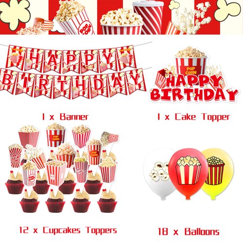Popcorn Party Decorations Popcorn Birthday Party Supplies Includes Popcorn Banner Cake Topper Cupcake Topper Balloons for Movie Night, Birthday, Carnivals, Circus Party