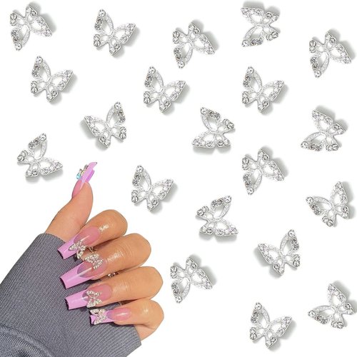 Butterfly Nail Charms Silver Butterfly Nail Gems 3D Metallic Butterflies Nail Rhinestones for Acrylic Nails Designs Shiny Butterfly Crystal Charms for Women Girls Nail Art Supplies Decoration 20pcs