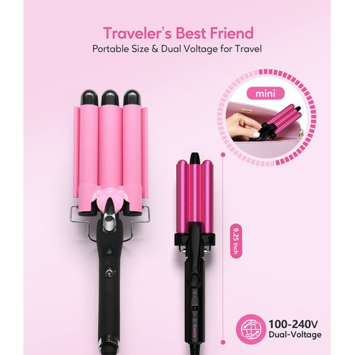 FARERY 1/2 Inch Mini Hair Crimper Iron for Beach Waves - 3 Barrel Curling Iron with Keratin & Argan Oil, Dual Voltage, Pouch Bag