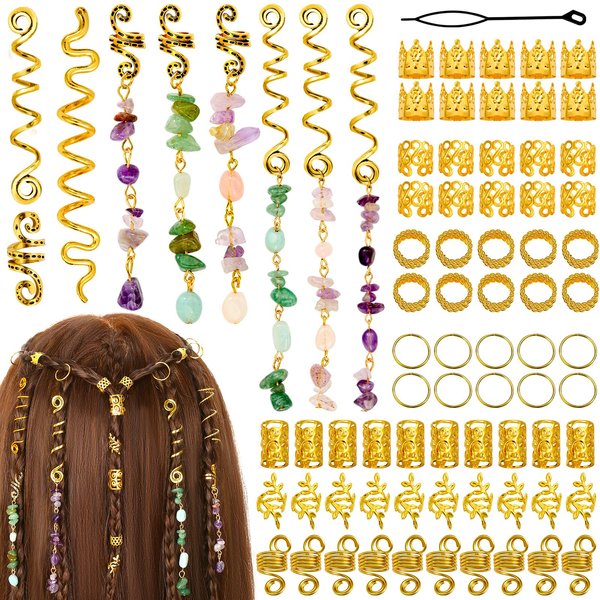 Jollidecor 80 Pcs Natural Crystal Stone Dreadlock Accessories, Hair Jewelry for Braids Hair Spirals Gems Charms Adjust Gold Loc Jewelry for Hair Cuffs for Girls Women Braids Hairstyle Decoration