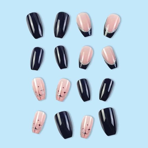 Foccna Coffin False Press on Nails Black Acrylic Fake Nails for Girl Full Cover Wear Finger Glossy Nail Bling Design Art Tips for Women and Girls 24 pcs