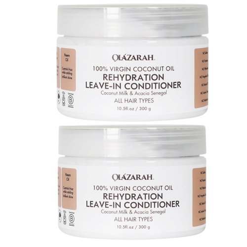 OLAZARAH Coconut Oil Daily Rehydration Leave-in Conditioner, Enriched w/Acasia Senegal, Sweet Almond Oil - Sulfate Free, Vegan, (Lot of 2)