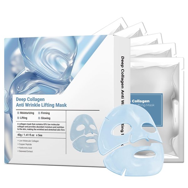 Hyaluronic Acid Collagen Face Mask with Copper Peptide and Seaweed Extract, Overnight Nourishing, for Lifting, Firming, and Moisturizing 40g x 5ea Facial Mask