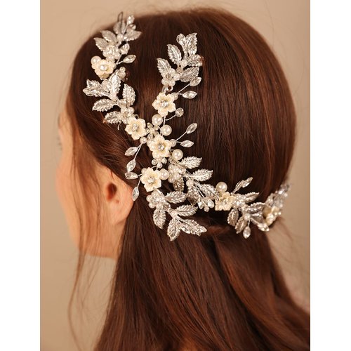 Xerling Wedding Flower and Leaf Hair Comb for Brides Vintage Hair Vine for Women Bridal Rhinestone Comb Hair Accessory Girl Pearl Hair Piece Jewelry (Silver)