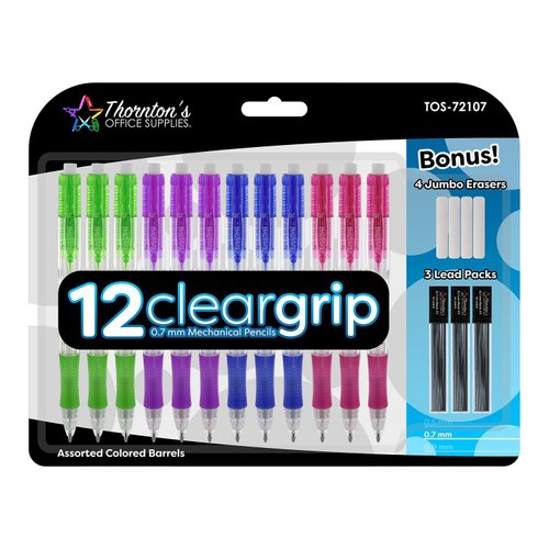 Thornton's Office Supplies ClearGrip Mechanical Pencil Starter Set 0.7mm Assorted Colors Pack of 12 for Smooth writing