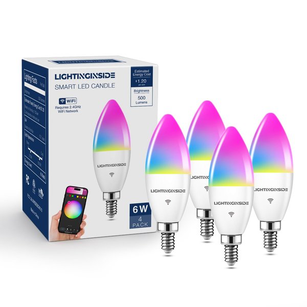 Lightinginside Smart Candelabra LED Bulbs 60 Watt Equivalent, 500LM 6W, E12 LED Bulb Compatible with Alexa/Google Assistant/Smart Life, No Hub Required, Timer, 2.4GHz WiFi Only, ETL Listed, 4PCS